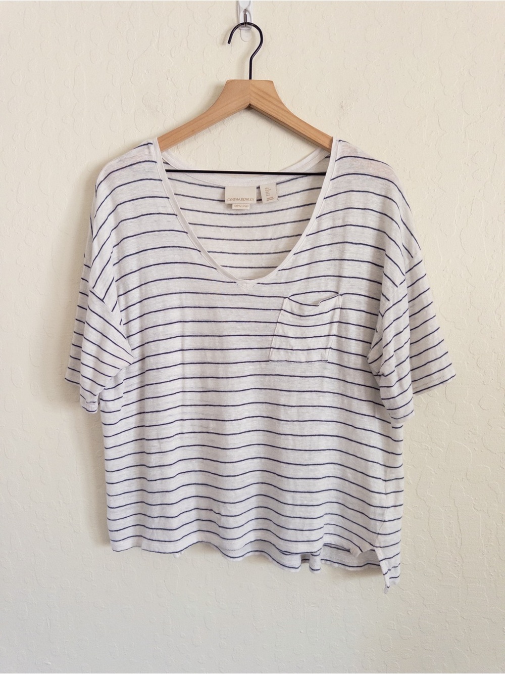 Cynthia Rowley 100% Linen Relaxed Fit Boxy V-Neck Tee T-Shirt Large White Stripe
